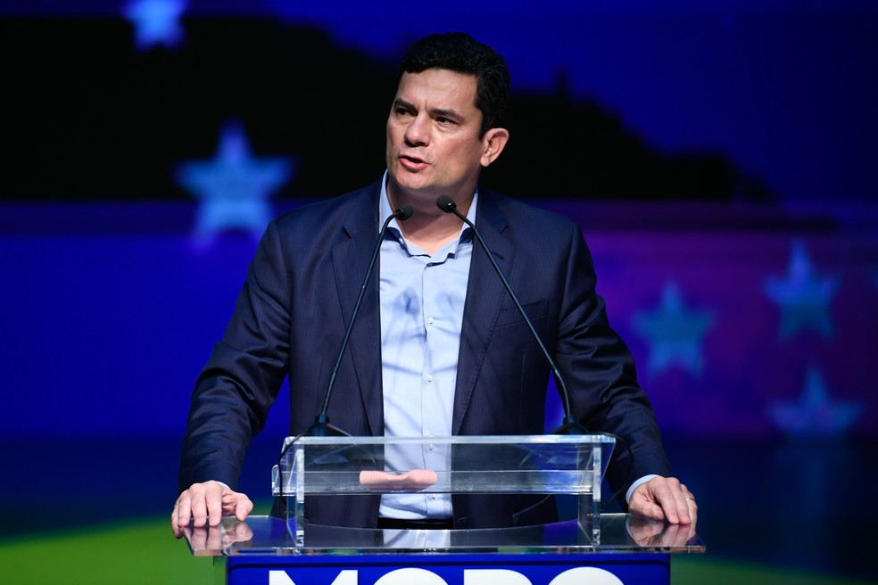 O ex-juiz Sergio Moro durante cerimônia de filiação ao Podemos — Foto: Estadão Conteúdo