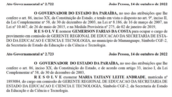 Mudanças foram publicadas no Diário Oficial do Estado da Paraíba deste sábado (15) - Reprodução