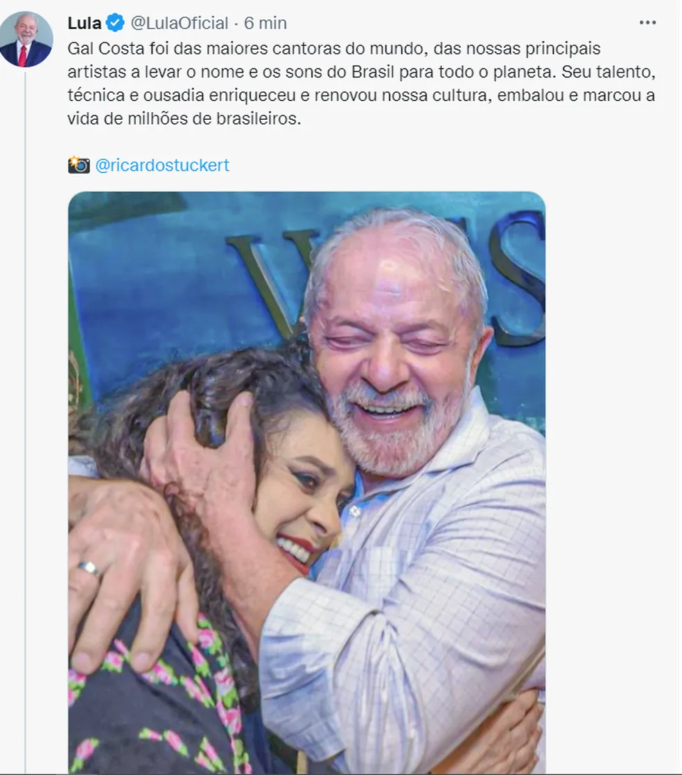 Postagem no Twitter de Lula lamenta a morte de Gal Gosta — Foto: Reprodução/Twitter
